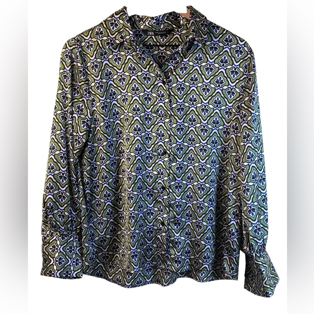 Zara Patterned Green and Blue Women's Top Size XS